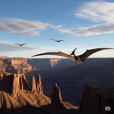 Pteranodons flying over canyon